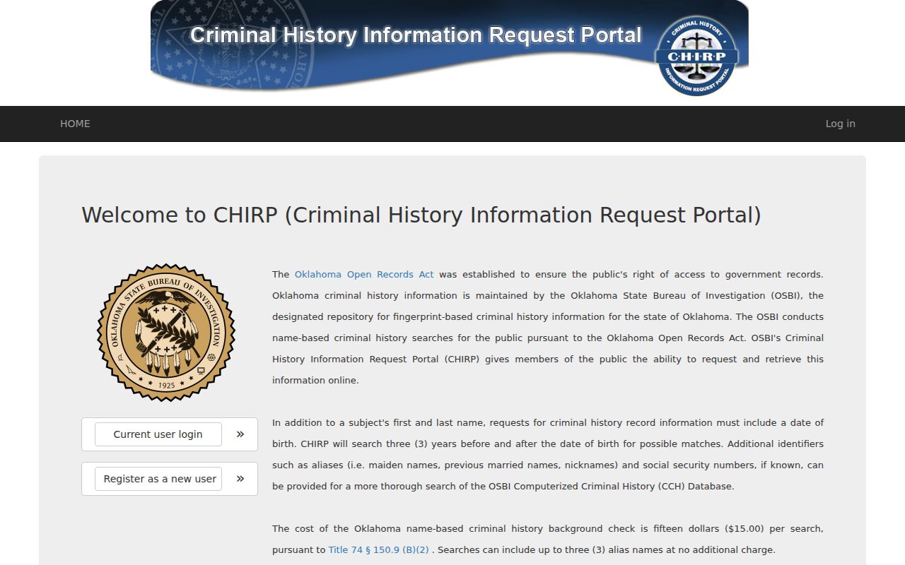 OSBI CHIRP criminal-history request portal