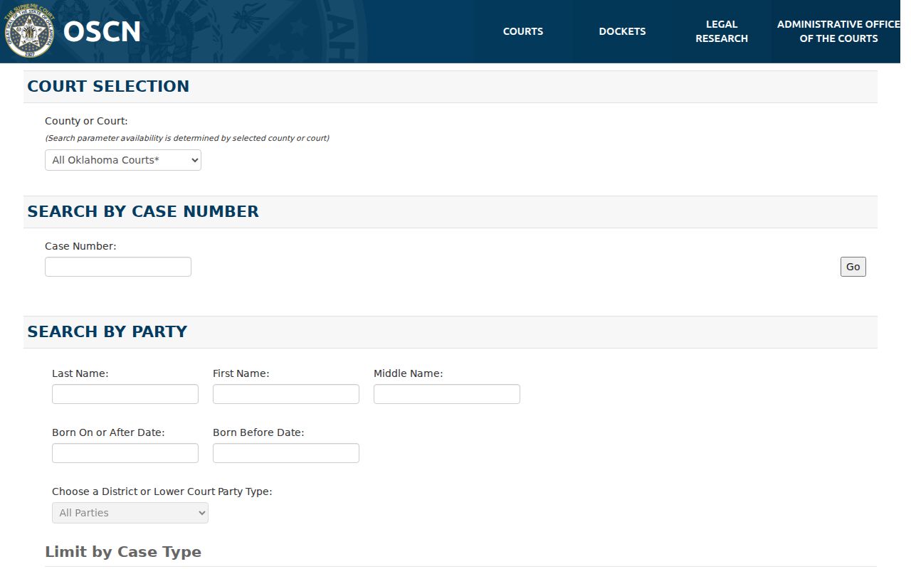 OSCN search interface for Haskell County court records